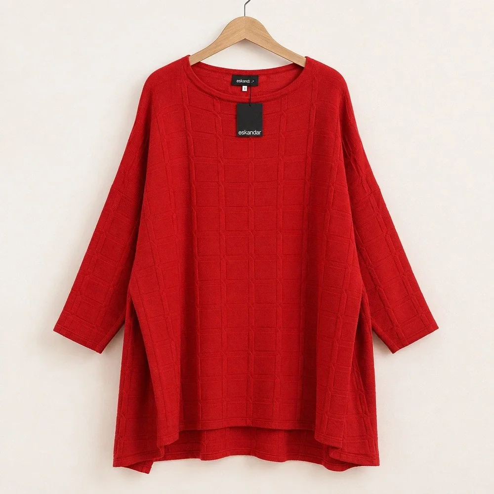 NWT eskandar Slim Sleeve Kaftan Sweater Long Plus O/S Red Silk Cashmere Textured